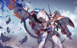 Rule 34 | 10s, 1girl, absurdres, blood, blue blood, blue sky, breasts, cameltoe, colored blood, covered erect nipples, darling in the franxx, highres, humanoid robot, lance, licking lips, mecha, medium breasts, polearm, robot, sky, solo, strelizia, tongue, tongue out, weapon, zhen long