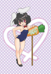 Rule 34 | 1girl, adapted costume, animal ears, bare legs, bare shoulders, black hair, blue one-piece swimsuit, bow, bowtie, carrot, female focus, hand on own hip, inaba tewi, leotard, one-piece swimsuit, playboy bunny, playboy bunny swimsuit, rabbit ears, red bow, red bowtie, red eyes, school swimsuit, short hair, solo, strapless, strapless one-piece swimsuit, swimsuit, touhou, zunda