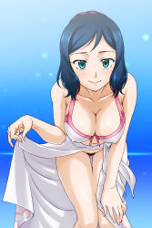 Rule 34 | 10s, 1girl, aqua eyes, bare shoulders, bikini, bikini top only, blue background, blue hair, blush, bottomless, breasts, cleavage, clothes lift, collarbone, covered erect nipples, female focus, female pubic hair, fingernails, flashing, front-tie top, gradient background, green eyes, gundam, gundam build fighters, hand on own knee, hanging breasts, highres, iori rinko, large breasts, leaning forward, light particles, lipstick, long fingernails, looking at viewer, makeup, mature female, navel, no panties, pinky out, pubic hair, saburou (minami makoto), sarong, sarong aside, sarong lift, scrunchie, short hair, smile, solo, swimsuit, thigh gap, wet, white bikini