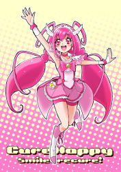 Rule 34 | 10s, 1girl, :d, antenna hair, arm up, boots, bow, bowtie, brooch, character name, choker, copyright name, cure happy, dress, earrings, full body, gradient background, head wings, highres, hoshizora miyuki, jewelry, knee boots, long hair, magical girl, open mouth, pink background, pink bow, pink bowtie, pink dress, pink eyes, pink hair, pink shorts, pink skirt, pink theme, polka dot, polka dot background, precure, ramune02, shorts, shorts under skirt, skirt, smile, smile precure!, solo, tiara, twintails, wings, wrist cuffs, yellow background