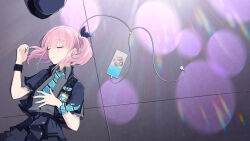 Rule 34 | 1girl, ai (girls band cry), black ribbon, blue necktie, blue ribbon, blue skirt, chinese commentary, closed eyes, commentary request, diamond dust (girls band cry), earbuds, earphones, from above, girls band cry, hair ribbon, highres, hina (girls band cry), kawaragi momoka, lens flare, lying, nana (girls band cry), necktie, on back, parted lips, pink hair, ribbon, rin (girls band cry), short sleeves, skirt, sleeping, solo, unworn headwear, wrist ribbon, yun cao bing