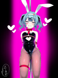 Rule 34 | 1girl, animal ears, aqua eyes, aqua hair, arms behind back, bare shoulders, blush, commentary, fishnet pantyhose, fishnets, grin, hair ornament, hairband, hairclip, hatsune miku, highres, leotard, looking at viewer, necktie, okuri banto, pantyhose, playboy bunny, pole, pure pure (rabbit hole), rabbit ears, rabbit hole (vocaloid), short hair, smile, solo, standing, teardrop facial mark, twintails, vocaloid