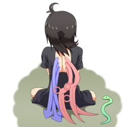 Rule 34 | 1girl, ahoge, asymmetrical wings, backless outfit, black dress, black hair, dress, facing away, from behind, houjuu nue, shadow, short hair, short sleeves, silane, simple background, sitting, snake, solo, touhou, white background, wings