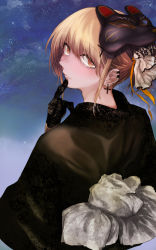 Rule 34 | alternate costume, alternate hairstyle, brown eyes, commission, earrings, fox mask, girls&#039; frontline, gloves, hair bun, highres, japanese clothes, jewelry, kimono, kojima (blue stardust), lace, lace gloves, light brown hair, looking at viewer, looking back, mask, obi, ppk (girls&#039; frontline), sash, single hair bun, skeb commission