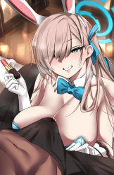 Rule 34 | 1boy, 1girl, absurdres, animal ears, asuna (blue archive), asuna (bunny) (blue archive), bare shoulders, blue archive, blue eyes, blue leotard, blush, bow, bowtie, breasts, bulge, cleavage, dark-skinned male, dark skin, detached collar, elbow gloves, erection, erection under clothes, fake animal ears, gloves, grin, hair over one eye, halo, highres, kyle (kysizzle), large breasts, leotard, light brown hair, lipstick, long hair, looking at viewer, makeup, mole, mole on breast, playboy bunny, rabbit ears, smile, traditional bowtie, white gloves