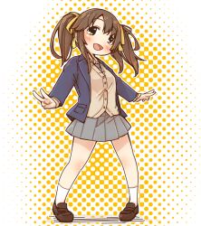 Rule 34 | 1girl, :d, blazer, blue jacket, blush, breasts, brown cardigan, brown eyes, brown footwear, brown hair, cardigan, collared shirt, commentary request, double v, full body, grey necktie, grey skirt, hair ribbon, halftone, halftone background, highres, idolmaster, idolmaster cinderella girls, jacket, loafers, necktie, open clothes, open jacket, open mouth, pigeon-toed, pleated skirt, ribbon, school uniform, shirt, shoes, skirt, small breasts, smile, socks, solo, standing, totoki airi, twintails, v, white shirt, white socks, yellow ribbon, yukie (kusaka shi)