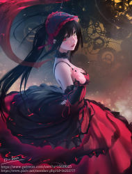 Rule 34 | 1girl, absurdres, artist name, black hair, blush, breasts, choker, circle skirt, d-han, date a live, detached sleeves, from side, gears, hairband, heterochromia, highres, lace, lace choker, lolita fashion, lolita hairband, long hair, low-cut, medium breasts, parted lips, red eyes, roman numeral, solo, teeth, tokisaki kurumi, twintails, watermark, web address, yellow eyes