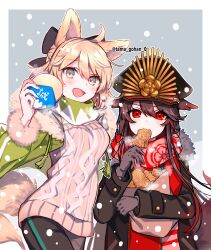 Rule 34 | 2girls, animal ears, black ribbon, blonde hair, family crest, fate/grand order, fate (series), food, food in mouth, gloves, hair ribbon, hat, highres, holding, holding food, jacket, military hat, multiple girls, oda nobunaga (fate), oda uri, okita souji (fate), open mouth, red eyes, ribbon, scarf, simple background, snow, snowing, sweater, twitter username, yellow eyes, yui (tamagohan)