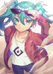 Rule 34 | 1girl, aqua eyes, aqua hair, black pants, closed mouth, collarbone, earrings, eyewear on head, floating hair, frown, hair between eyes, hatsune miku, highres, jacket, jewelry, long hair, long sleeves, looking at viewer, open clothes, open jacket, pants, print shirt, raymond busujima, red jacket, shirt, solo, standing, suna no wakusei (vocaloid), sunglasses, twintails, vocaloid, white shirt