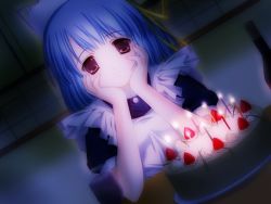 Rule 34 | 1girl, blue hair, cake, candle, dark, dutch angle, food, fruit, game cg, glowing, himuro suzune, imouto watashi donna koto datte..., maid, pastry, purple eyes, smile, solo, strawberry