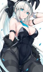 Rule 34 | 1girl, alternate costume, animal ears, arm strap, arm up, bare shoulders, black hairband, black leotard, black pantyhose, blue eyes, blue necktie, breasts, commentary request, detached collar, fake animal ears, fate/grand order, fate (series), grey hair, hair ornament, hairband, highres, large breasts, leotard, long hair, looking at viewer, morgan le fay (fate), morizono shiki, necktie, pantyhose, parted lips, playboy bunny, ponytail, simple background, smile, solo, thighband pantyhose, thighs, wrist cuffs