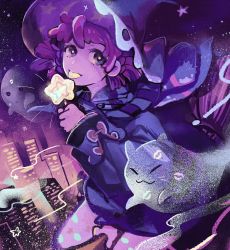 Rule 34 | 1girl, :p, bayashiko, broom, broom riding, building, candy, city lights, cityscape, colored skin, commentary request, dress, flying, food, ghost, halloween, hat, holding, lipstick mark, lollipop, long sleeves, looking at viewer, night, original, pink hair, pink skin, purple dress, purple eyes, purple hat, skyscraper, solo, tongue, tongue out, witch, witch hat