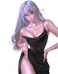 Rule 34 | 1girl, artist name, bare shoulders, black dress, blue eyes, breasts, cleavage, closed mouth, clothes lift, dress, dress lift, fingernails, genderswap, genderswap (mtf), hair between eyes, hand on own hip, heterochromia, jewelry, jujutsu kaisen, lips, long hair, looking at viewer, mahito (jujutsu kaisen), mole, mole under eye, necklace, scar, scar on arm, scar on face, scar on leg, sharp fingernails, simple background, smile, solo, standing, stitches, thighs, wengwengchim, white background, white hair