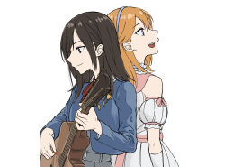 Rule 34 | 2girls, acoustic guitar, back-to-back, blue hairband, blue jacket, brown eyes, brown hair, closed mouth, commentary request, date sayuri, detached sleeves, dress, from side, grey dress, guitar, hairband, highres, holding, holding instrument, holding plectrum, instrument, jacket, long sleeves, looking afar, looking down, love live!, love live! superstar!!, multiple girls, music, open mouth, orange hair, playing instrument, plectrum, puffy detached sleeves, puffy sleeves, purple eyes, school uniform, shibuya kanon, sidelocks, sideways mouth, standing, tiny stars, upper body, voice actor, voice actor connection, white background, white dress, winter uniform, yakult1124, yuigaoka school uniform