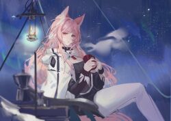 Rule 34 | 1girl, animal ear fluff, animal ears, arknights, black shirt, blurry, blurry foreground, breasts, cloud, commentary request, cup, dayouyudareshui, depth of field, feet out of frame, highres, holding, holding cup, jacket, lantern, long hair, looking at viewer, medium breasts, mug, night, night sky, pantyhose, parted lips, pink eyes, pink hair, pozyomka (arknights), pozyomka (snowy plains in words) (arknights), shirt, sitting, sky, solo, star (sky), starry sky, very long hair, white jacket, white pantyhose