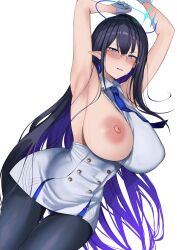Rule 34 | 1girl, armpits, arms up, bare shoulders, belt, black hair, black pantyhose, blue archive, blue eyes, blue hair, blush, breasts, buttons, collared dress, colored inner hair, double-breasted, dress, earrings, eyeliner, glasses, gloves, halo, highres, jewelry, large breasts, long hair, looking at viewer, makeup, multicolored hair, necktie, nipples, one breast out, ootori subaru, open mouth, pantyhose, pointy ears, rin (blue archive), short dress, sleeveless, solo, thighs, very long hair, white dress, white gloves