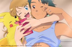 Rule 34 | 1boy, 1girl, ;d, ash ketchum, bare arms, black hair, blue eyes, brown eyes, cellphone, closed mouth, commentary, creatures (company), english commentary, eyelashes, fingernails, game freak, gen 1 pokemon, holding, holding phone, jewelry, light brown hair, nintendo, noelia ponce, aged up, one eye closed, open mouth, phone, pikachu, pokemon, pokemon (anime), pokemon (creature), pokemon xy (anime), ring, serena (pokemon), shirt, short hair, sleeveless, sleeveless shirt, smile, tearing up, tongue