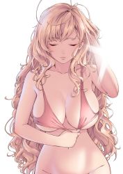 Rule 34 | 1girl, ahoge, arm up, backlighting, blonde hair, bottomless, breasts, cleavage, collarbone, convenient censoring, closed eyes, facing viewer, hand in own hair, herio, hip focus, large breasts, light rays, long hair, navel, original, out-of-frame censoring, parted lips, photo-referenced, shirt tug, simple background, solo, tank top, teeth, underboob, upper body, wavy hair, white background