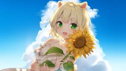 Rule 34 | 1girl, :d, alpaca ears, animal ears, bare shoulders, blonde hair, blue sky, blush, breasts, cheli (kso1564), cloud, cloudy sky, collarbone, day, dress, flower, frilled dress, frills, green eyes, highres, looking at viewer, hugging object, off-shoulder dress, off shoulder, official art, open mouth, original, outdoors, sky, small breasts, smile, solo, sunflower, upper body, white dress, yellow flower