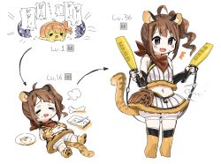 Rule 34 | 1girl, puff of air, ^^^, adapted uniform, ahoge, animal ear fluff, animal ears, animal hands, animal print, baseball glove, baseball uniform, black gloves, bone, bridal gauntlets, brown hair, cat paws, closed eyes, commentary request, crumbs, crying, drill hair, egg, elbow gloves, evolution, fang, food, food on face, fur trim, gloves, hatching, highres, holding stomach, idolmaster, idolmaster million live!, level up, lying, multiple views, navel, neckerchief, on back, orange thighhighs, partial commentary, plate, ponytail, puffy shorts, purple eyes, shorts, side ponytail, simple background, skirt, skirt set, sleeveless, spawnfoxy, speech bubble, sportswear, stomach bulge, stomach growling, tail, thighhighs, tiger ears, tiger print, tiger tail, white background, yokoyama nao