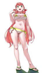 Rule 34 | 1girl, absurdres, akashi (kancolle), bikini, blunt tresses, breasts, cleavage, flip-flops, from below, full body, gradient bikini, green bikini, green eyes, green footwear, hair ribbon, highres, kantai collection, long hair, medium breasts, navel, official alternate costume, ojipon, open mouth, pink hair, ribbon, sandals, side-tie bikini bottom, simple background, smile, solo, standing, stomach, surplice, swimsuit, tress ribbon, white background