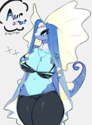Rule 34 | absurdres, aurorus, blonde hair, blue hair, bra, breasts, cleavage, creatures (company), forehead jewel, furry, furry female, game freak, gem, gen 6 pokemon, hair intakes, highres, jewelry, large breasts, long hair, midriff, multicolored hair, navel, nintendo, pants, pendant, pokemon, pokemon (creature), reptile girl, tail, thick thighs, thighs, togetoge, underwear, veil, white hair