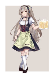 Rule 34 | 1girl, 404 logo (girls&#039; frontline), alcohol, barmaid, beer, beer mug, breasts, commentary request, cup, fuyukin chiba, german clothes, girls&#039; frontline, grey hair, highres, long hair, mug, oktoberfest, shoes, side ponytail, small breasts, socks, solo, ump45 (girls&#039; frontline), yellow eyes