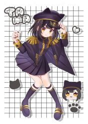 Rule 34 | 1girl, adjusting clothes, adjusting headwear, animal ears, animal hat, black capelet, black footwear, black hair, black hat, black jacket, black nails, black skirt, boots, capelet, cat ears, cat hat, character name, closed mouth, denonbu, epaulettes, fake animal ears, full body, gold trim, hands up, hat, heart, high heel boots, high heels, highres, jacket, knee boots, kurogane tama, long sleeves, looking at viewer, mii (mii chan11), nail polish, official alternate costume, peaked cap, pleated skirt, short hair, skirt, smile, solo, standing, yellow eyes