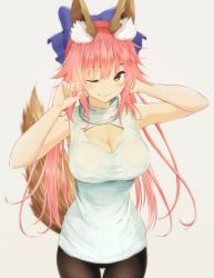 Rule 34 | 1girl, alternate costume, animal ear fluff, animal ears, blue ribbon, blush, breasts, casual, cleavage, cleavage cutout, clothing cutout, contemporary, fang, fate/extra, fate/grand order, fate (series), fox ears, fox girl, fox tail, hair ribbon, highres, large breasts, long hair, looking at viewer, meme attire, nepu ka, one eye closed, open-chest sweater, pink hair, ribbon, simple background, solo, sweater, tail, tamamo (fate), tamamo no mae (fate/extra), turtleneck, yellow eyes