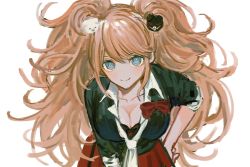 Rule 34 | 1girl, bad id, bad twitter id, bear hair ornament, blue eyes, blush, bra, breasts, cleavage, collarbone, danganronpa: trigger happy havoc, danganronpa (series), enoshima junko, hair ornament, hand on own hip, highres, large breasts, leaning forward, long hair, looking at viewer, necktie, nokoru sora, pleated skirt, red skirt, shirt, simple background, sketch, skirt, sleeves past elbows, smile, solo, twintails, underwear, white background