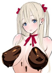 Rule 34 | 1girl, arms behind back, blonde hair, blue eyes, blush, breasts, chocolate, chocolate on body, chocolate on breasts, female focus, food on body, hair ribbon, large breasts, long hair, looking at viewer, md5 mismatch, naked chocolate, nipples, nude, original, parted lips, poin (hidsuki), resolution mismatch, ribbon, simple background, sketch, smile, solo, source larger, twintails, upper body, white background