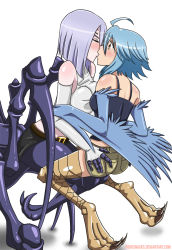 Rule 34 | 10s, 2girls, ahoge, arachne, arthropod girl, artist name, ass, ass grab, asymmetrical docking, bare shoulders, belt, blue hair, blush, breast press, breasts, carapace, claws, elbow gloves, extra eyes, closed eyes, fingerless gloves, gloves, harpy, highres, insect girl, kiss, large breasts, light purple hair, monster girl, monster musume no iru nichijou, multiple girls, papi (monster musume), porosnacks, rachnera arachnera, short hair, short shorts, shorts, skirt, small breasts, spider girl, tank top, taur, watermark, winged arms, wings, yellow eyes, yuri