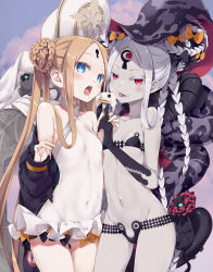 Rule 34 | 2girls, abigail williams (fate), abigail williams (swimsuit foreigner) (fate), abigail williams (swimsuit foreigner) (first ascension) (fate), abigail williams (swimsuit foreigner) (second ascension) (fate), bare shoulders, bikini, black bikini, black bow, blonde hair, blue eyes, bow, braid, braided bun, breasts, collarbone, colored skin, creature, double bun, dress swimsuit, dual persona, fate/grand order, fate (series), food, forehead, fork, hair bun, hat, keyhole, long hair, mitre, multiple bows, multiple girls, natsume eri, navel, one-piece swimsuit, open mouth, orange bow, pancake, parted bangs, pink eyes, sidelocks, small breasts, smile, swimsuit, tentacles, thighs, third eye, tongue, tongue out, twintails, very long hair, white hair, white headwear, white one-piece swimsuit, white skin
