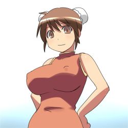 Rule 34 | 1girl, aaaa (quad-a), bad id, bad pixiv id, breasts, brown eyes, brown hair, bun cover, china dress, chinese clothes, covered erect nipples, double bun, dress, huge breasts, looking at viewer, original, short hair, smile, solo