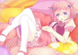 Rule 34 | 1girl, animal ears, blue eyes, cat ears, cat tail, fan (20110507), hair ornament, heart, heart hair ornament, looking at viewer, lying, on back, open mouth, original, pillow, pink hair, short hair, solo, tail, thighhighs, white thighhighs, zettai ryouiki