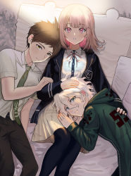 Rule 34 | 1girl, 2boys, absurdres, ahoge, black jacket, black shirt, black thighhighs, brown hair, brown pants, brown skirt, closed mouth, collared shirt, colored inner hair, commentary request, danganronpa (series), danganronpa 2: goodbye despair, dress shirt, flipped hair, galaga, green jacket, green necktie, grey hair, hair between eyes, hair ornament, hand on another&#039;s head, highres, hinata hajime, hood, hood down, jacket, komaeda nagito, long sleeves, lying, medium hair, multicolored hair, multiple boys, nanami chiaki, neck ribbon, necktie, on back, on lap, open clothes, open jacket, open mouth, pants, parted lips, pillow, pink eyes, pink hair, pink ribbon, pleated skirt, ribbon, shirt, short hair, short sleeves, skirt, smile, snow finale, teeth, thighhighs, two-tone shirt, white shirt