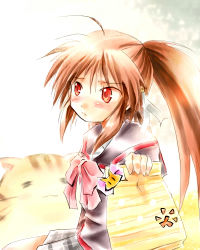 Rule 34 | 1girl, bag, bow, brown hair, cat, doruji, little busters!, long hair, lowres, natsume rin, pink bow, ponytail, red eyes, school uniform, scp (9scp), solo