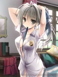 Rule 34 | 00s, 1girl, black ribbon, breasts, brown eyes, brown hair, cleavage, indoors, karory, licorice nelson, long hair, looking at viewer, matching hair/eyes, medium breasts, mouth hold, open clothes, open shirt, ribbon, ribbon in mouth, senjou no valkyria (series), senjou no valkyria 2, shirt, smile, solo, watermark, white shirt