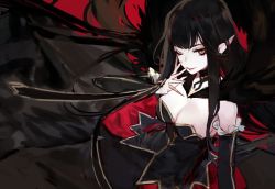 Rule 34 | 1girl, black hair, breasts, detached sleeves, dress, fate/apocrypha, fate (series), long hair, mo (mocopo), one eye closed, pointy ears, semiramis (fate), solo, very long hair