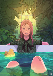 Rule 34 | 1girl, absurdres, bandaid, bandaid on knee, bandaid on leg, brown eyes, brown hair, feet out of frame, green shirt, highres, huge filesize, inukoko, knees up, leaf, long hair, open mouth, original, partially submerged, plant, print shirt, rubber duck, shirt, solo, tile wall, tiles
