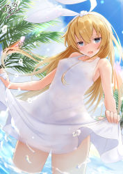 Rule 34 | 1girl, absurdres, alternate costume, bare shoulders, blonde hair, blue sky, blush, breasts, cloud, day, dress, giraffe (ilconte), grey eyes, headband, highres, in water, kantai collection, long hair, looking at viewer, medium breasts, nipples, open mouth, outdoors, palm leaf, see-through, shimakaze (kancolle), sky, sleeveless, sleeveless dress, smile, solo, sundress, wading, water, wet, wet clothes, white dress, white headband