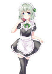 Rule 34 | 1girl, absurdres, apron, bad id, bad pixiv id, black skirt, black thighhighs, blue eyes, bow, bowtie, closed mouth, feet out of frame, frilled apron, frilled skirt, frills, green bow, green bowtie, green hair, green ribbon, hair ribbon, heart, highres, holding, kofumi (nxme5555), komeiji koishi, looking at viewer, maid, maid headdress, medium hair, puffy short sleeves, puffy sleeves, ribbon, short sleeves, skirt, skirt hold, smile, solo, thighhighs, touhou, waist apron, white apron, white background, zettai ryouiki