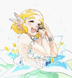 Rule 34 | 1boy, 1girl, armlet, bikini, bikini top only, blonde hair, blush, bracelet, closed eyes, flower, giant, giantess, great fairy (zelda), hair ornament, hands on own cheeks, hands on own face, highres, jewelry, koi (nisikicoi), link, nintendo, open mouth, panicking, pointy ears, princess zelda, screaming, short hair, simple background, smile, swimsuit, the legend of zelda, the legend of zelda: breath of the wild, the legend of zelda: tears of the kingdom