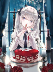 Rule 34 | 1girl, black bow, black ribbon, blueberry, blunt bangs, blush, bottle, bow, cake, candle, commentary, english commentary, flower, food, frilled shirt collar, frills, fruit, glint, hair bow, head tilt, heart, highres, holding, holding spoon, indoors, iren lovel, long sleeves, neck ribbon, original, purple eyes, red flower, red rose, reflection, revision, ribbon, rose, silver hair, solo, spoon, table, twintails, upper body, window, wine bottle