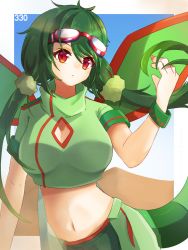 Rule 34 | 1girl, breasts, cleavage, cleavage cutout, clothing cutout, creatures (company), flygon, game freak, gandr1229, gen 3 pokemon, goggles, goggles on head, green hair, hand up, highres, midriff, navel, nintendo, outside border, personification, pokedex number, pokemon, red eyes, simple background, standing, tail, twintails, wristband