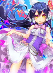 Rule 34 | 10s, 1girl, absurdres, bad id, bad pixiv id, blue hair, bow, bowtie, bug, butterfly, butterfly hair ornament, female focus, flower, hair between eyes, hair flower, hair ornament, hairpin, headset, highres, insect, lace, lace-trimmed skirt, lace trim, long hair, looking at viewer, love live!, love live! school idol festival, love live! school idol project, microphone, nonomaro, purple shorts, ribbon, sash, shorts, showgirl skirt, skirt, skirt hold, smile, solo, sonoda umi, striped bow, striped bowtie, striped clothes, striped neckwear, thighlet, wrist ribbon, x hair ornament, yellow eyes