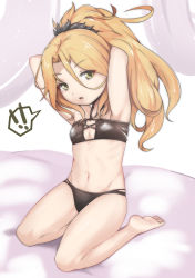 Rule 34 | !, 1girl, aged down, armpits, arms behind head, barefoot, bikini, black bikini, blonde hair, christina (princess connect!), full body, halterneck, highres, kneeling, long hair, looking at viewer, navel, open mouth, parted bangs, ponytail, princess connect!, solo, spoken exclamation mark, swimsuit, wo jianqiang fu guo, yellow eyes