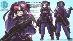 Rule 34 | 1girl, :d, adjusting eyewear, alternate costume, assault rifle, bag, black gloves, black hair, blue eyes, boots, bow, bulletproof vest, character profile, character sheet, chart, combat boots, commentary, contemporary, finger on trigger, from behind, full body, genshin impact, gloves, goggles, grenade launcher, gun, hair between eyes, hair bow, hair ribbon, holding, holding gun, holding weapon, infrared, introvert-kun, jumpsuit, knee boots, long hair, long sleeves, looking at viewer, mona (genshin impact), night-vision device, open mouth, pocket, ribbon, rifle, sidelocks, simple background, smile, solo, tactical clothes, thermal weapon sight, twintails, underbarrel grenade launcher, weapon