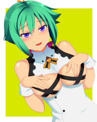 Rule 34 | 10s, 1girl, aquarion (series), aquarion evol, bare shoulders, breasts, covering privates, covering breasts, covering nipples, fang, green hair, kyoku tou, open mouth, purple eyes, revealing clothes, short hair, solo, wrist cuffs, zessica wong