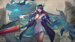 Rule 34 | 1girl, 1other, aqua hair, architecture, arknights, bare shoulders, bead bracelet, beads, black coat, black hair, blue skin, bracelet, breasts, building, cleavage cutout, closed mouth, clothing cutout, cloud, cloudy sky, coat, colored skin, commentary, dragon, dragon girl, dragon horns, dragon tail, dress, dusk (arknights), earrings, east asian architecture, eastern dragon, english commentary, fiery tail, floating hair, gradient hair, gradient skin, grey sky, hair over one eye, highres, holding, holding sword, holding weapon, horns, house, ink, jacknguyenart, jewelry, legs together, long hair, long sleeves, looking at viewer, medium breasts, mountain, multicolored hair, necktie, open clothes, open coat, outdoors, pointy ears, red eyes, red necktie, short dress, sky, sleeveless, sleeveless dress, solo, swept bangs, sword, tail, tassel, tassel earrings, tree, two-tone hair, very long hair, weapon, white dress